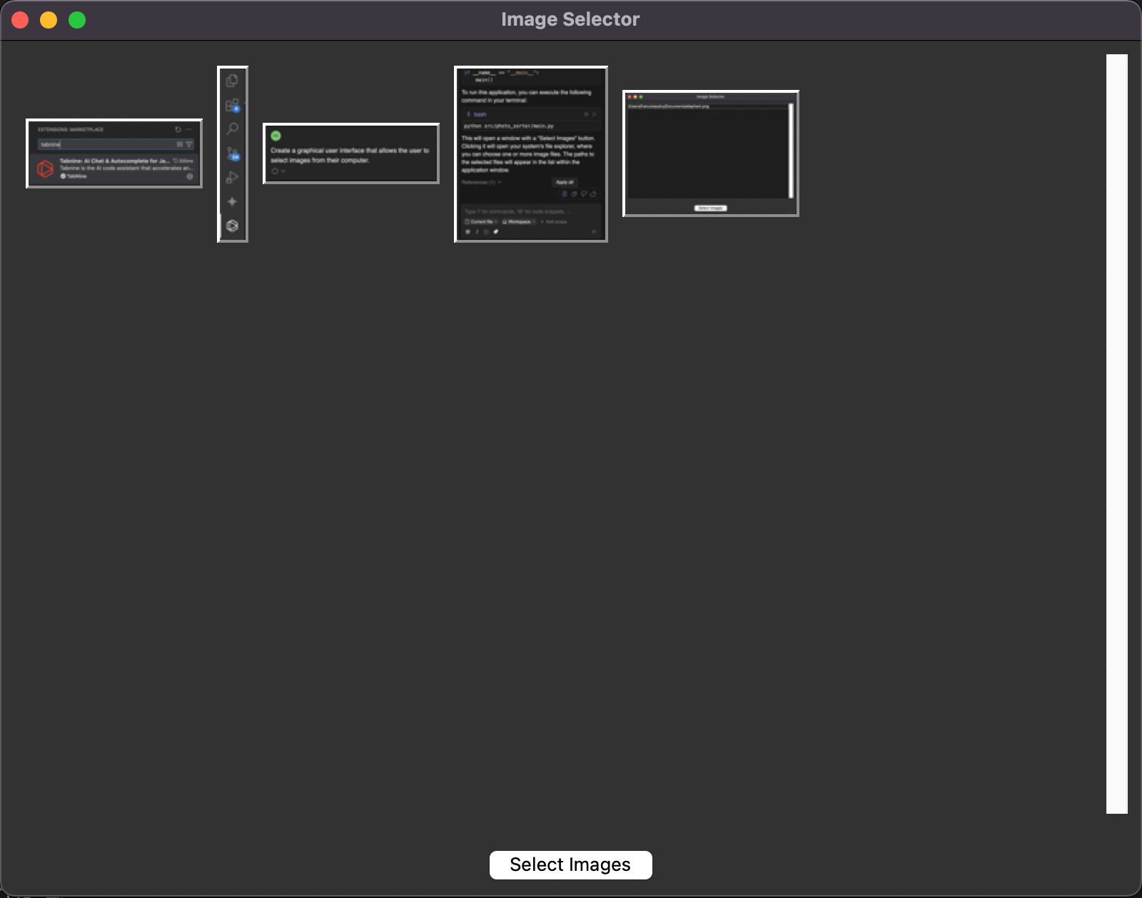 Interface of an AI image editor on a dark-themed background displaying image thumbnails and a "Select Images" button at the bottom, designed for user interaction with file selection capabilities.
