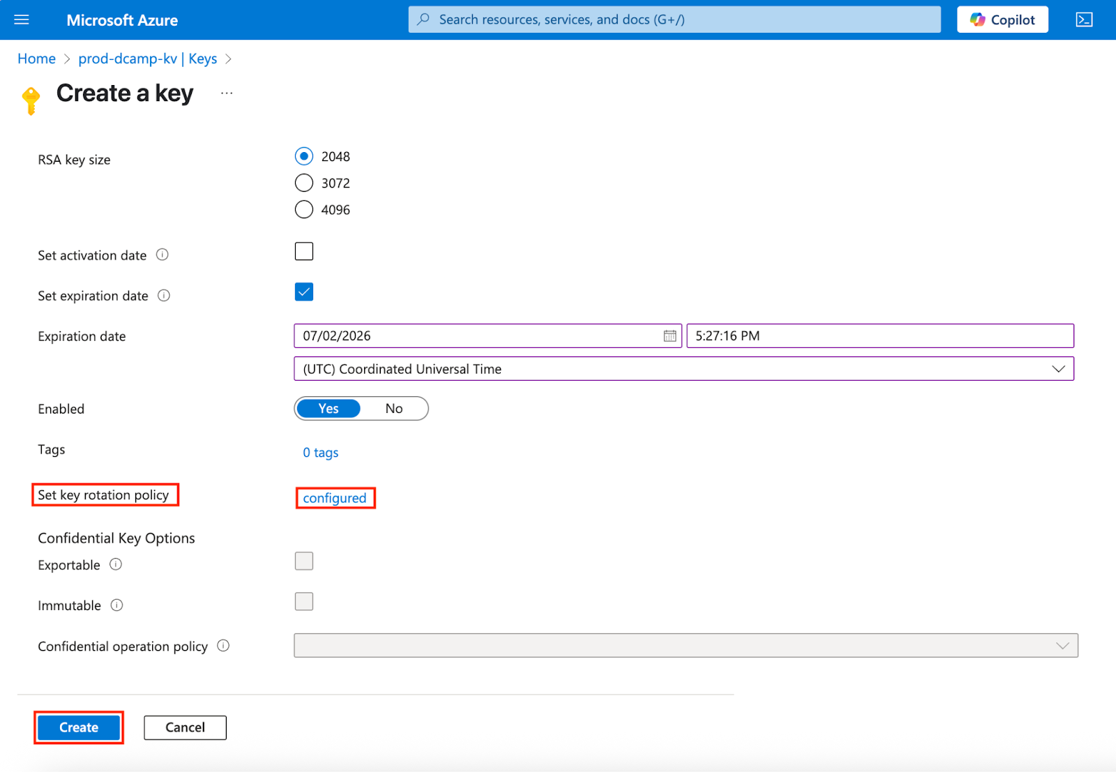 Screenshot of the “Create a key” form in Azure Key Vault. The “Set key rotation policy” field now shows “Configured.” The “Create” button is visible at the bottom.
