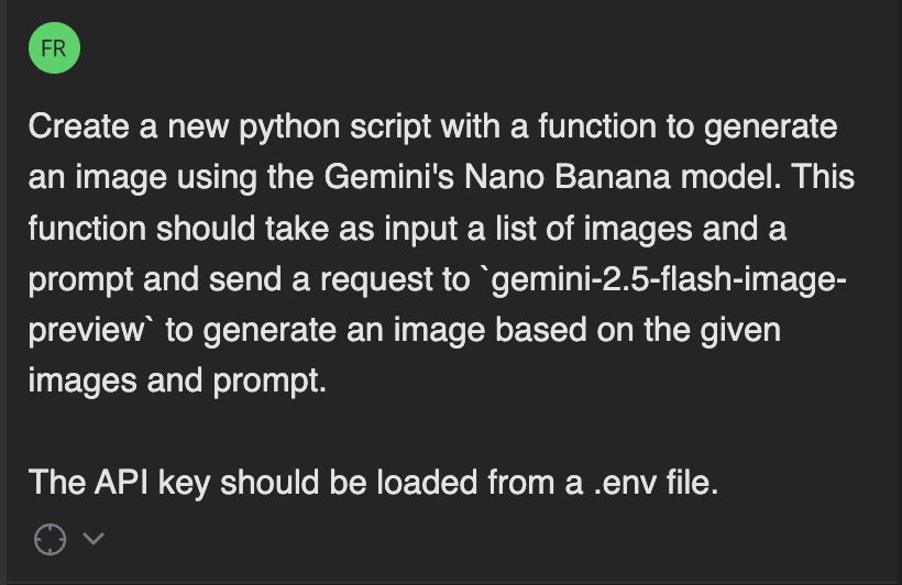 Prompt to create a Python script for generating images using Google's Nano Banana model, with API key management via a .env file.