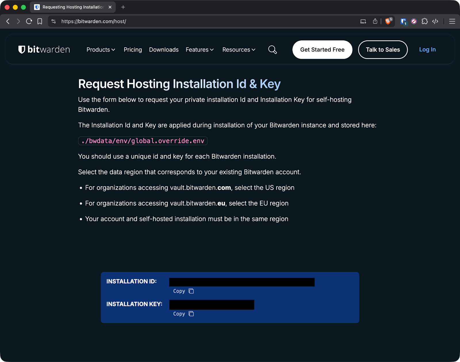 ID y clave de instalación de Bitwarden
