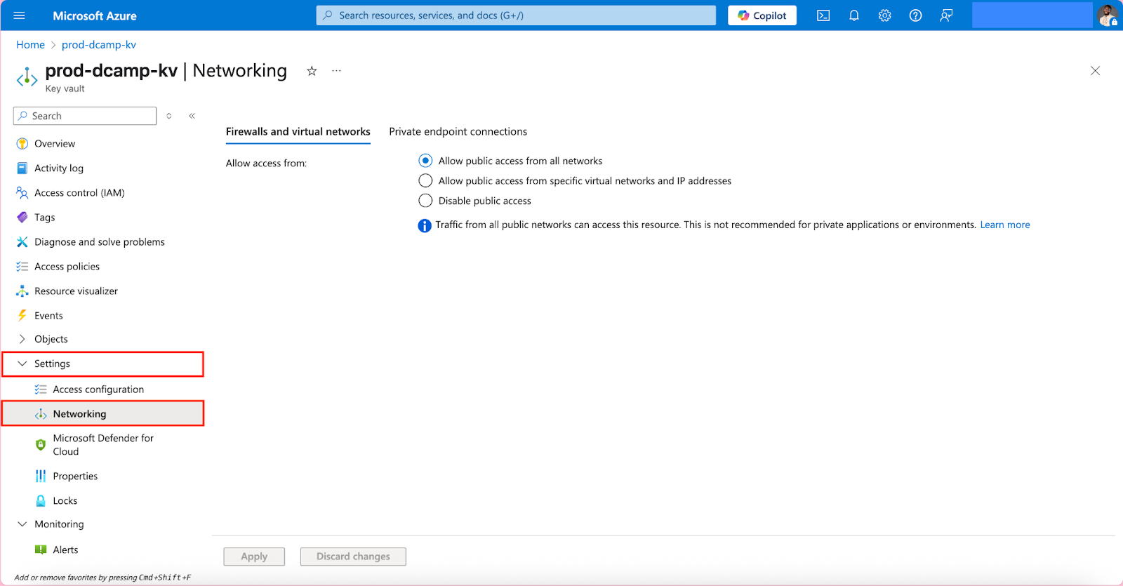 Screenshot of the Key Vault menu in Azure. The “Settings” section is expanded, and the “Networking” option is selected from the drop-down list.