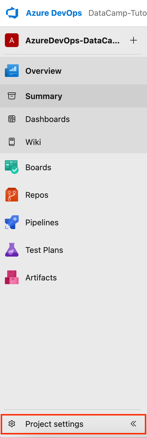 Screenshot of the Azure DevOps interface. The “Project settings” option is highlighted at the bottom left of the navigation menu.