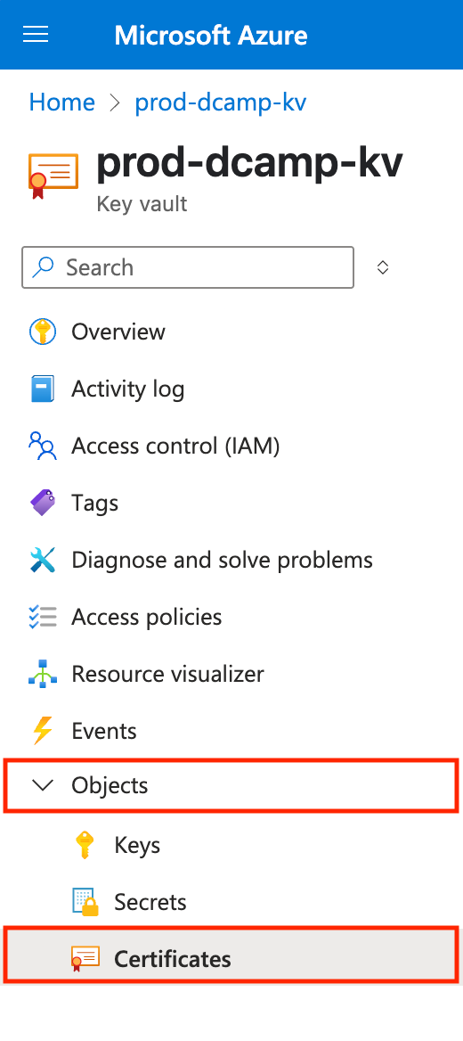 Screenshot of the Azure Key Vault menu. The “Objects” section is expanded on the left side, with “Certificates” selected from the drop-down list.