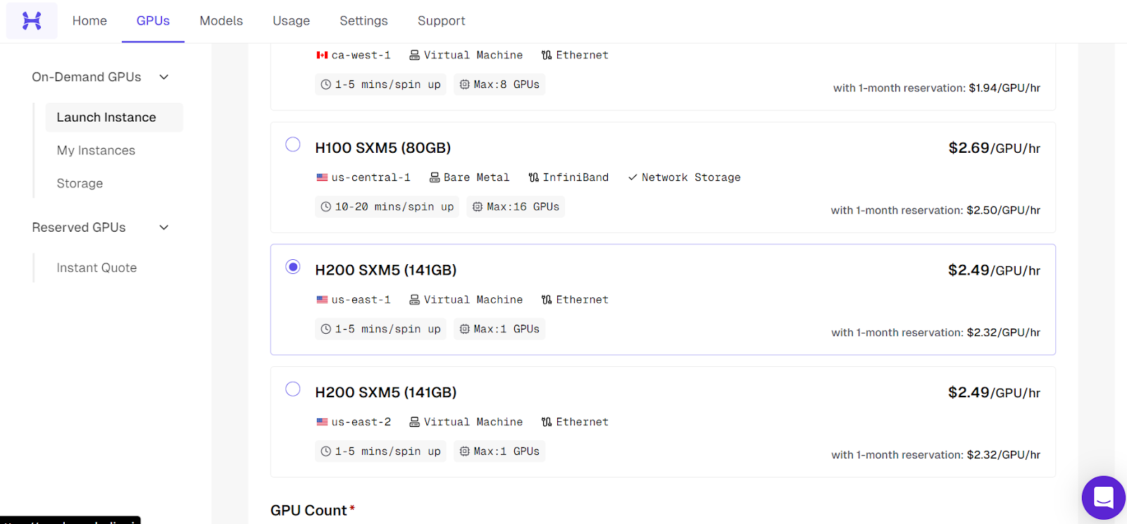Hyperbolic dashboard GPUs tab.