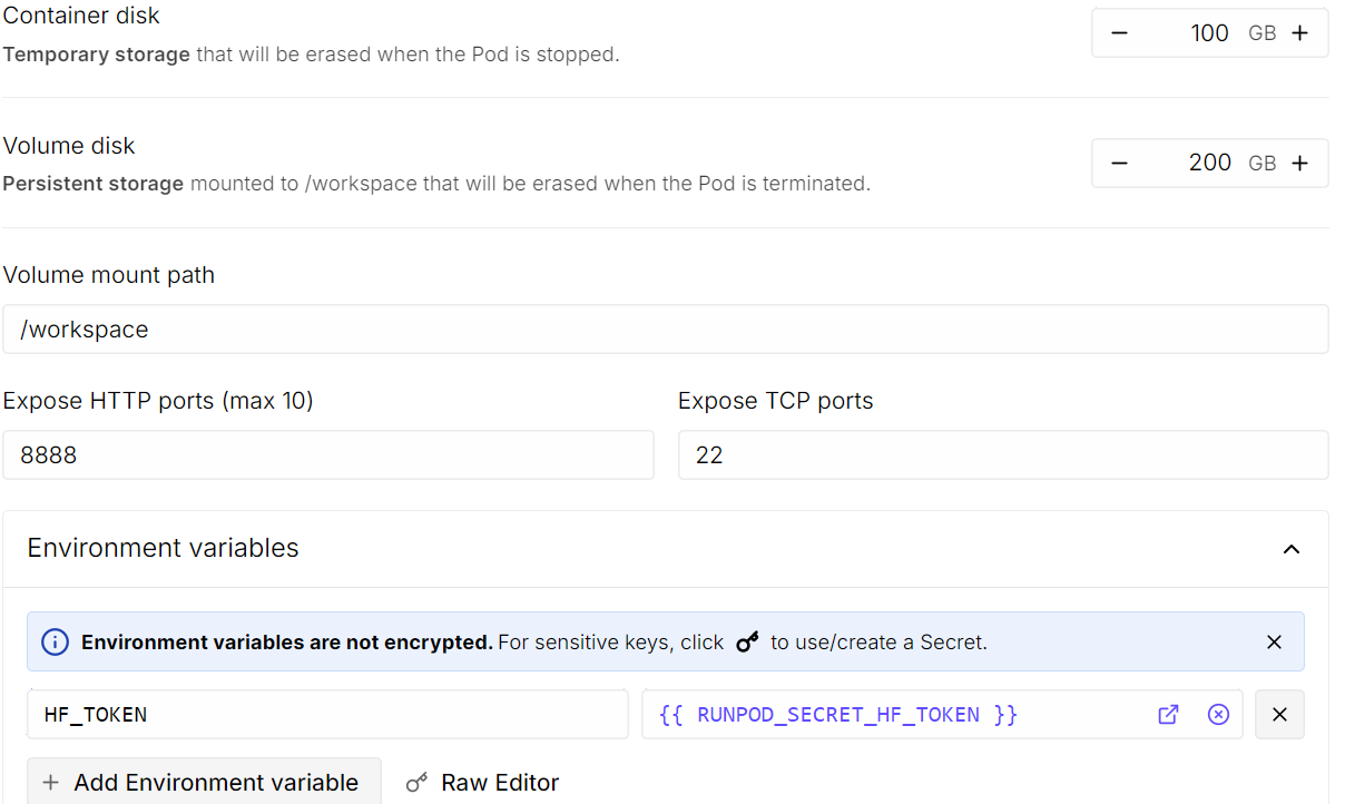 Editing the Pytorch template in the Runpod.