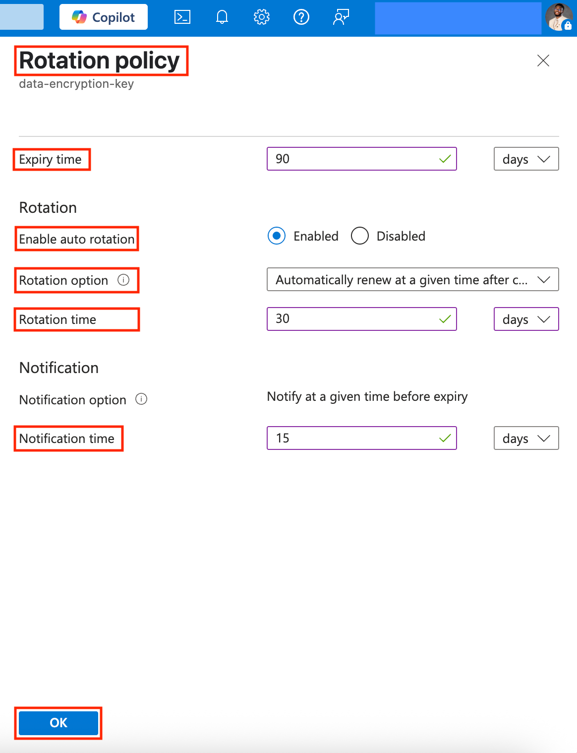 Screenshot of the Key Rotation Policy page in Azure Key Vault. Fields for expiry time, auto rotation enabled, rotation option, rotation time, and notification time are filled in. The “OK” button is visible at the bottom.