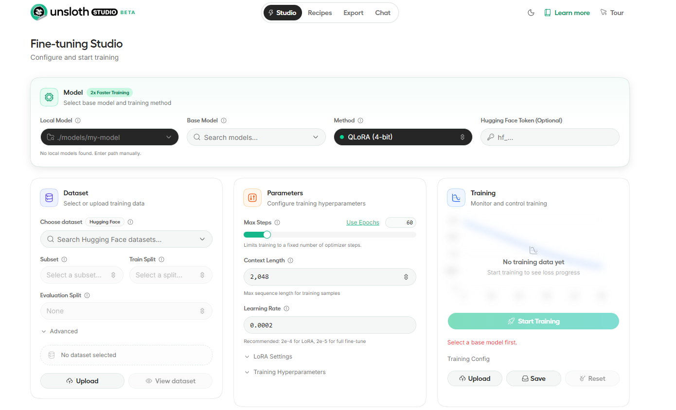 Unsloth Studio dashboard