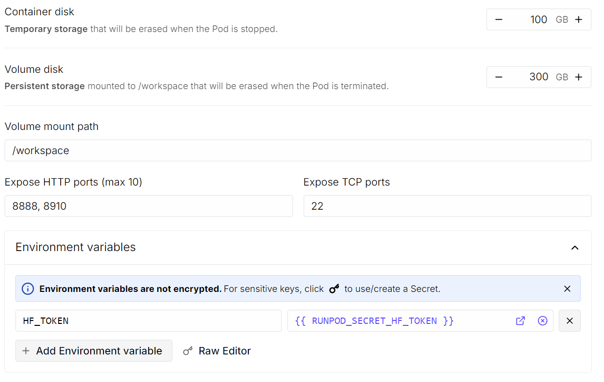 Editing the PyTorch template in the Runpod