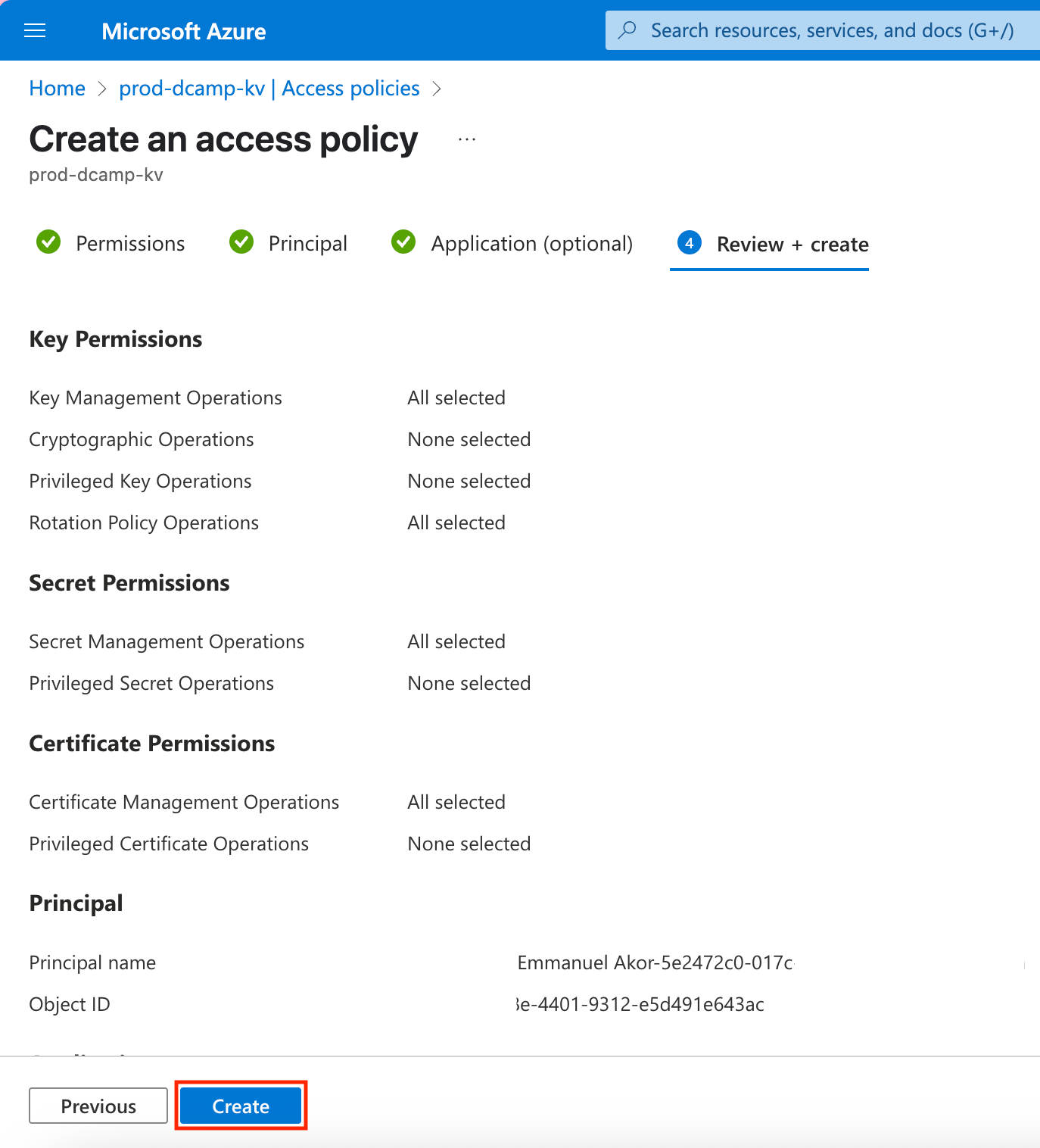 Screenshot of the Review + create step for the access policy. All details are shown with a message confirming validation passed. The “Create” button is visible at the bottom.