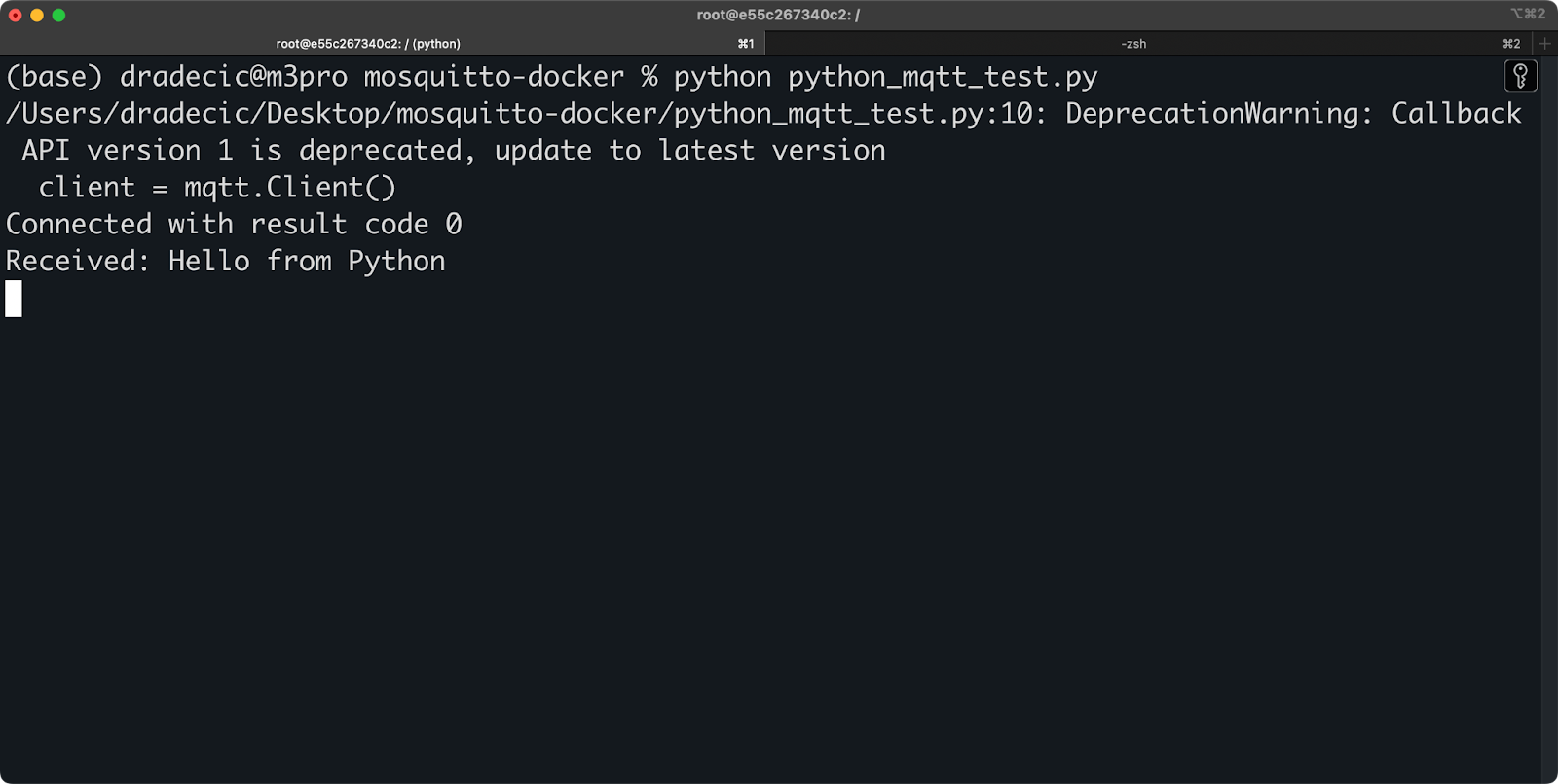 Imagen 10: recepción de un mensaje para el ejemplo de Python.