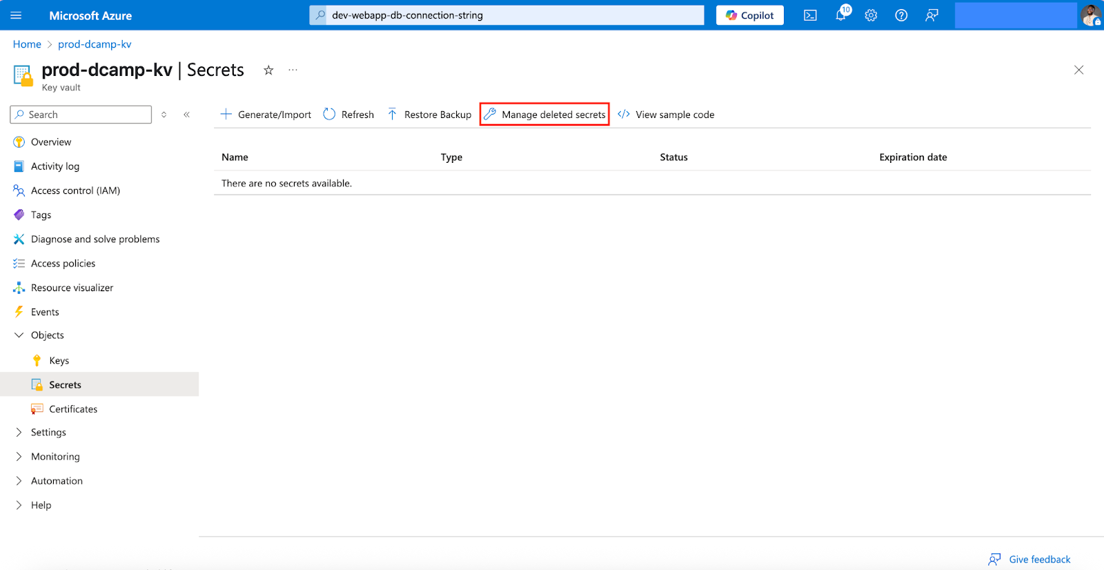 Screenshot of the Secrets section in Azure Key Vault. The “Manage deleted secrets” option is visible and selected.