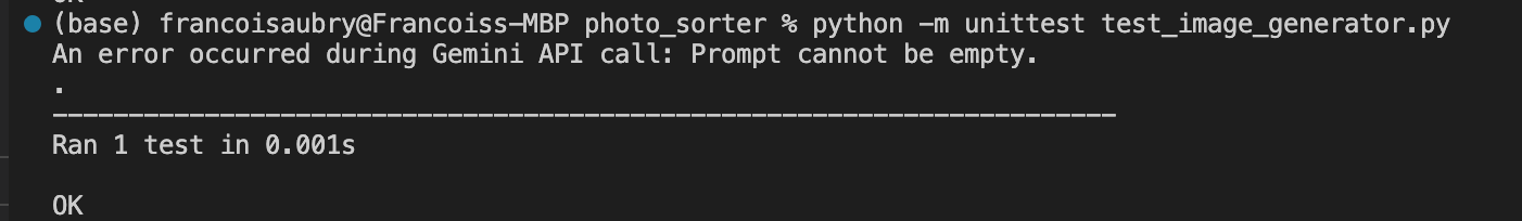 Screenshot showing a terminal output with a Python unittest execution. It displays an error message: "An error occurred during Gemini API call: Prompt cannot be empty." The test ran one test in 0.001 seconds, resulting in an "OK" status despite the prompt error.