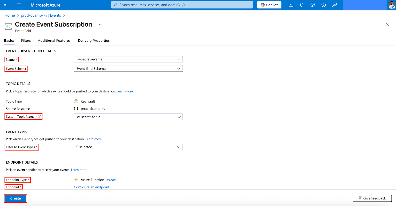 Screenshot of the Create Event Subscription form in Azure Portal. Fields filled include subscription, resource group, event subscription name, event schema set to Event Grid Schema, system topic name, event types filter left at default, endpoint type set to Azure Function, and the selected Function app details. The “Create” button is visible.