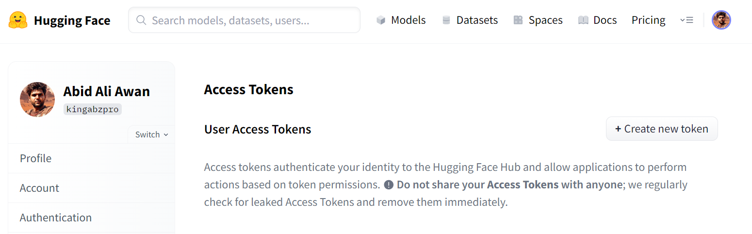 Hugging Face Access Token Page