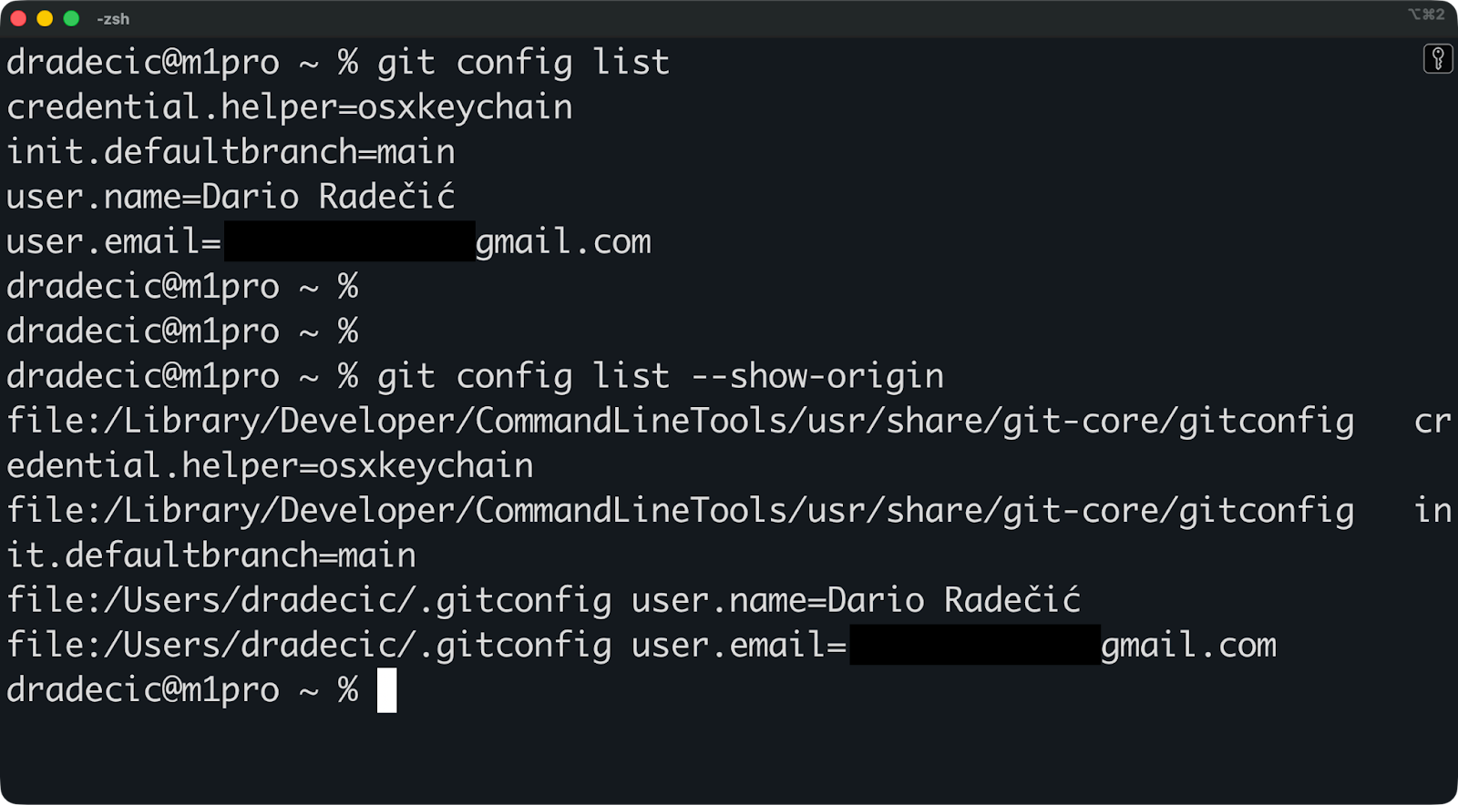 Imagem 2 - Valores de configuração do Git
