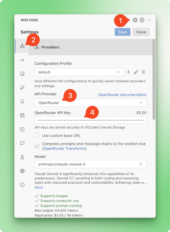 Roo Code API configuration interface showing model provider selection and API key input fields