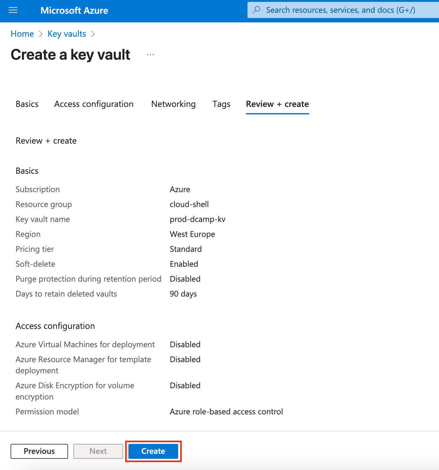 Screenshot of the Key Vault review page in Azure. All entered details are shown with a message confirming validation passed. The “Create” button is highlighted at the bottom.