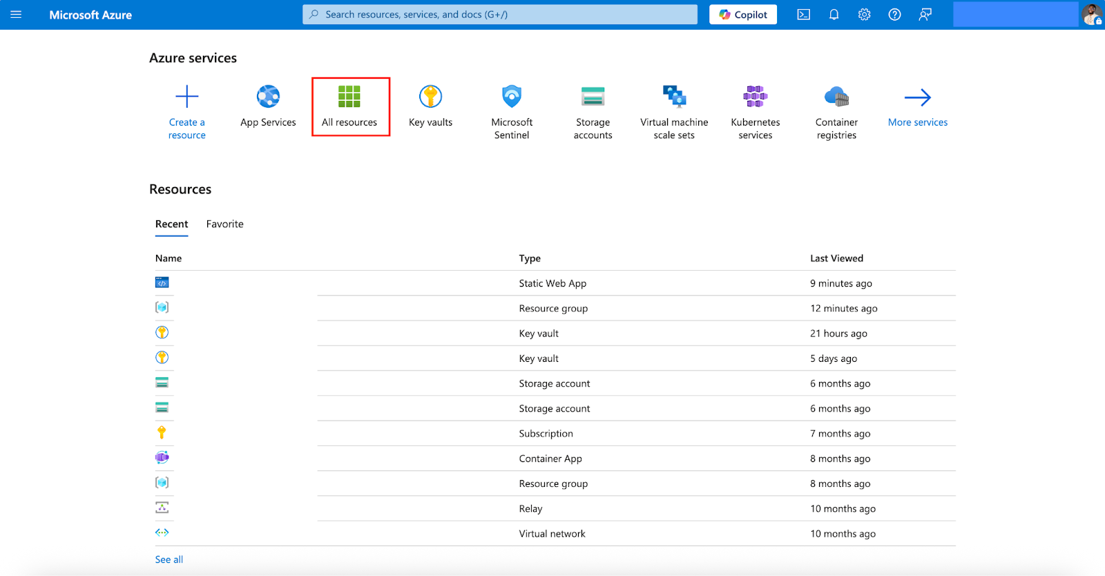Screenshot of the Azure portal home page and the “All resources” option is selected.