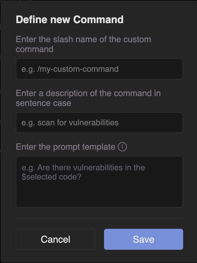 Tabnine interface for defining new custom commands, featuring fields for entering a command name, description, and prompt template, with options to save or cancel.
