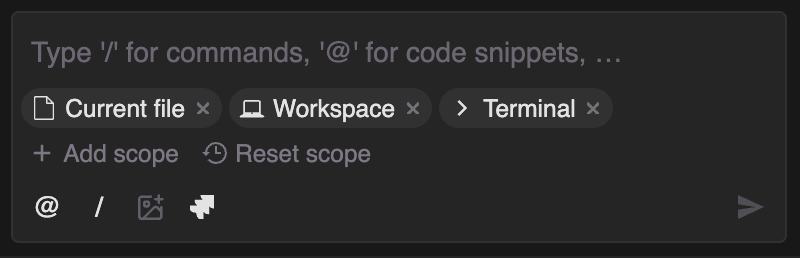 Interface of Tabnine in Visual Studio Code showing selected scopes: Current file, Workspace, and Terminal, with options to add or reset scope.