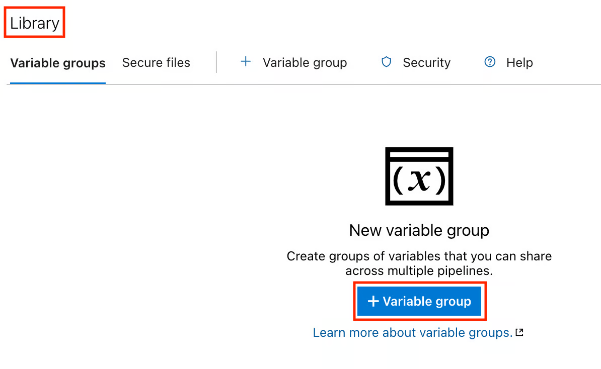 Screenshot of the Library section under Pipelines in Azure DevOps. The “+ Variable group” button is highlighted to start creating a new variable group.