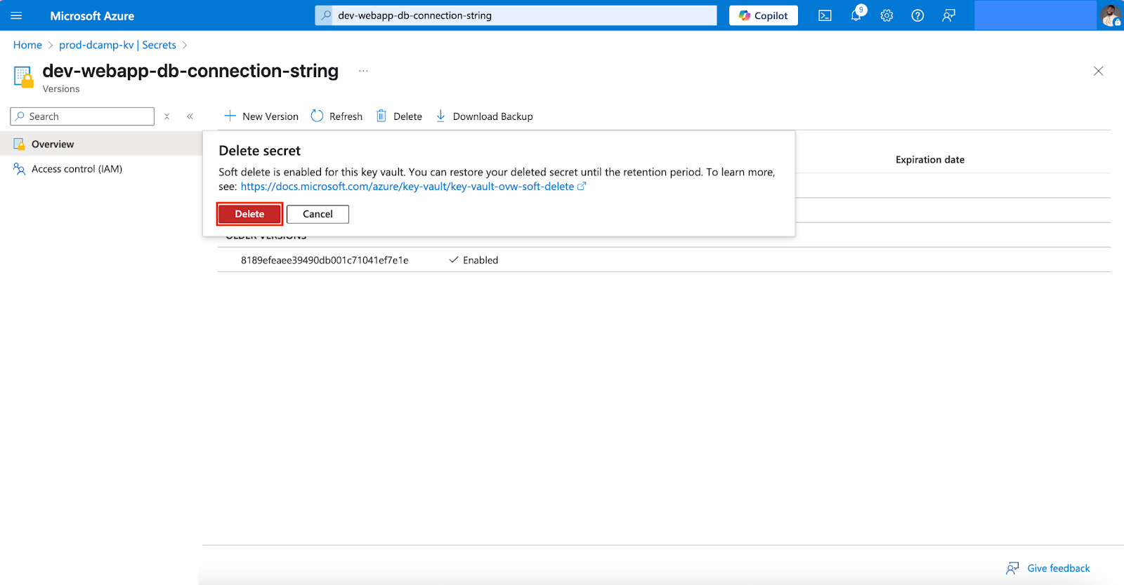 Screenshot of a confirmation pop-up in Azure Key Vault asking to confirm secret deletion. The “Delete” button is highlighted to finalize the removal.