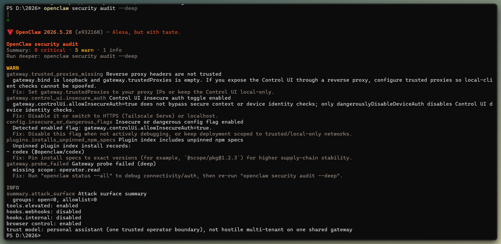 Terminal window showing the OpenClaw security audit command output with a list of security checks, marking passed items and flagging misconfigured gateway settings.