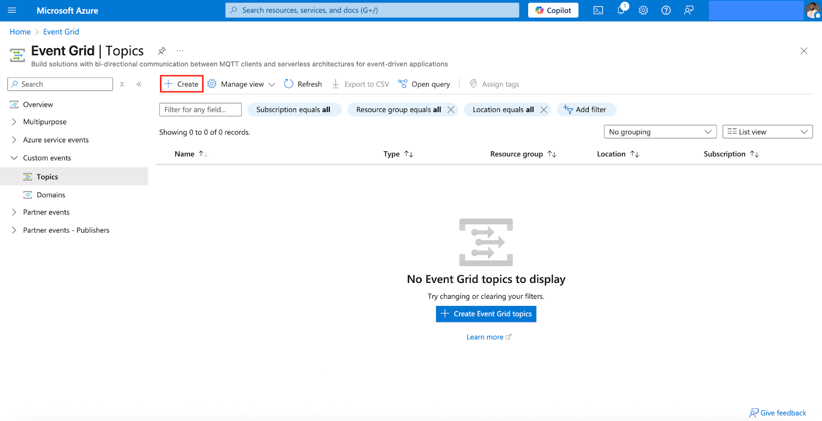 Screenshot of the Event Grid Topics page in Azure Portal. The “+ Create” button is visible and ready to start creating a new Event Grid Topic.
