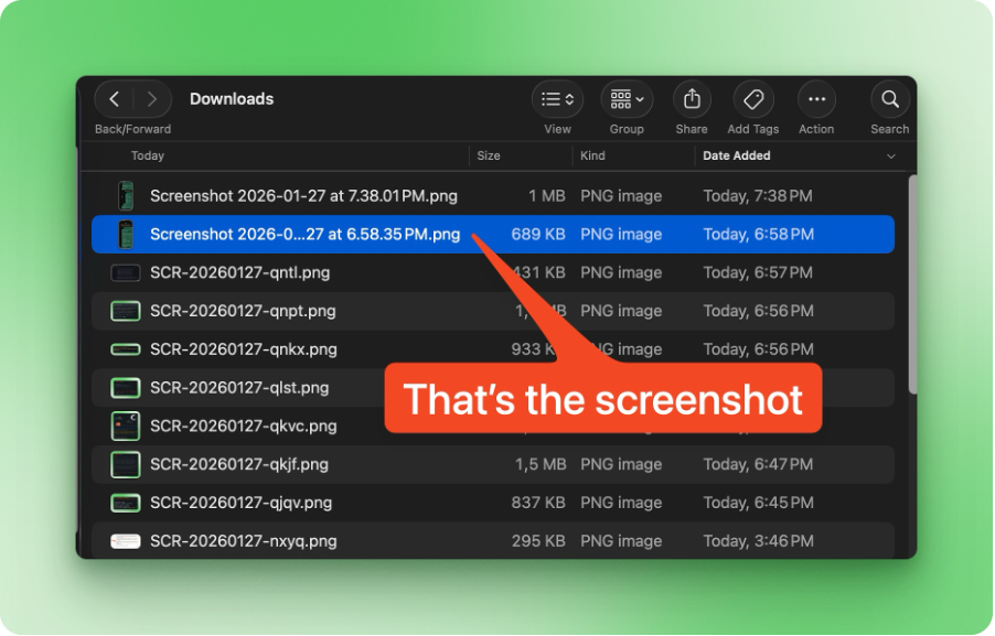 Tiêu đề: Thư mục Downloads trên macOS chứa ảnh chụp màn hình mục tiêu để Moltbot tìm - Mô tả: Thư mục Downloads trên macOS chứa ảnh chụp màn hình mục tiêu để Moltbot tìm