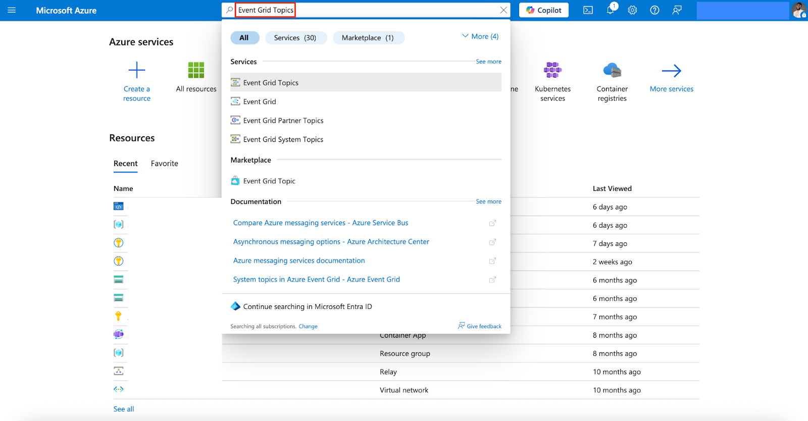 Screenshot of the Azure Portal search bar with “Event Grid Topics” typed in. The Event Grid Topics service is selected from the search results.