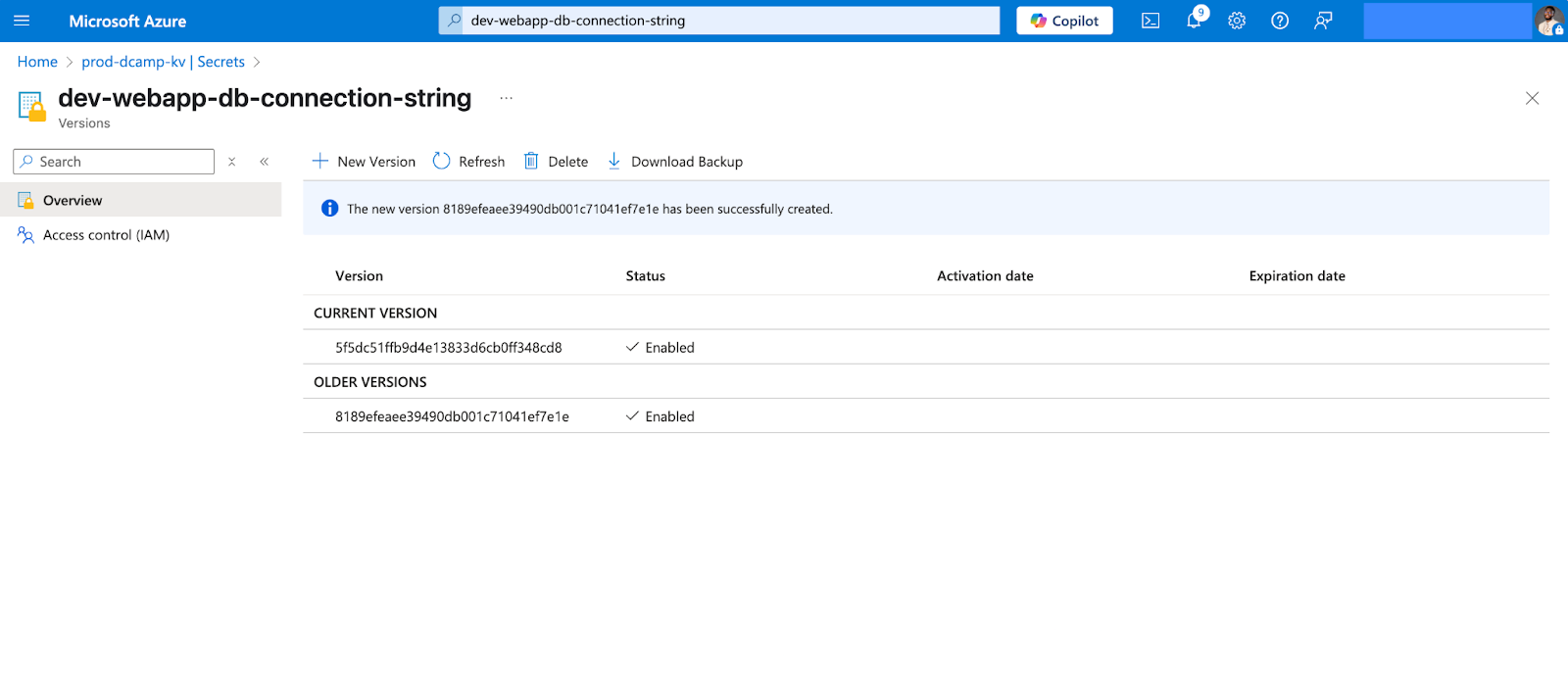 Screenshot of the secret’s versions list in Azure Key Vault. A newly created secret version appears at the top of the list.