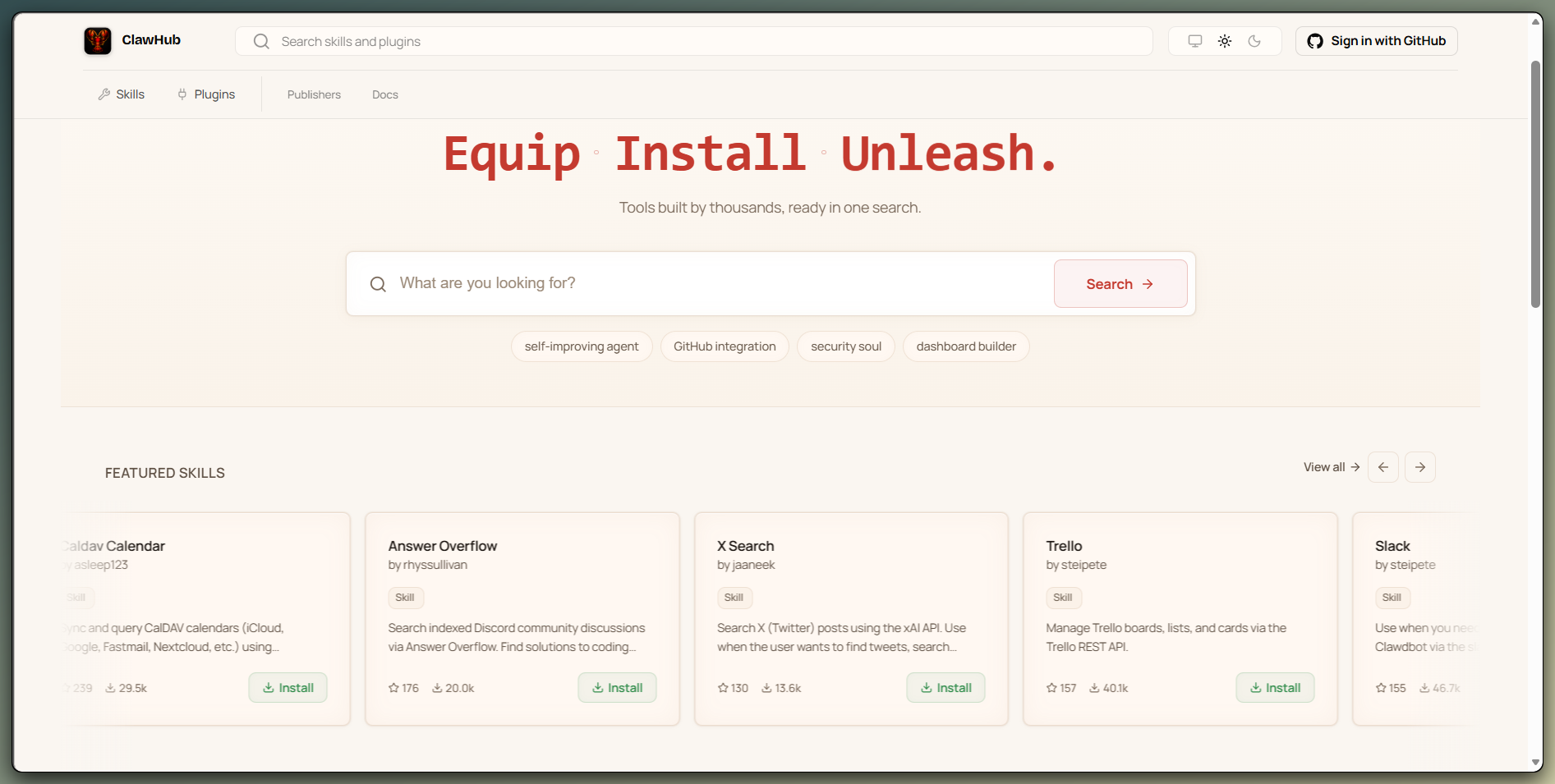 ClawHub skill registry homepage at clawhub.ai showing the search interface, featured skill tags, and a grid of skill cards with names, descriptions, and download counts.