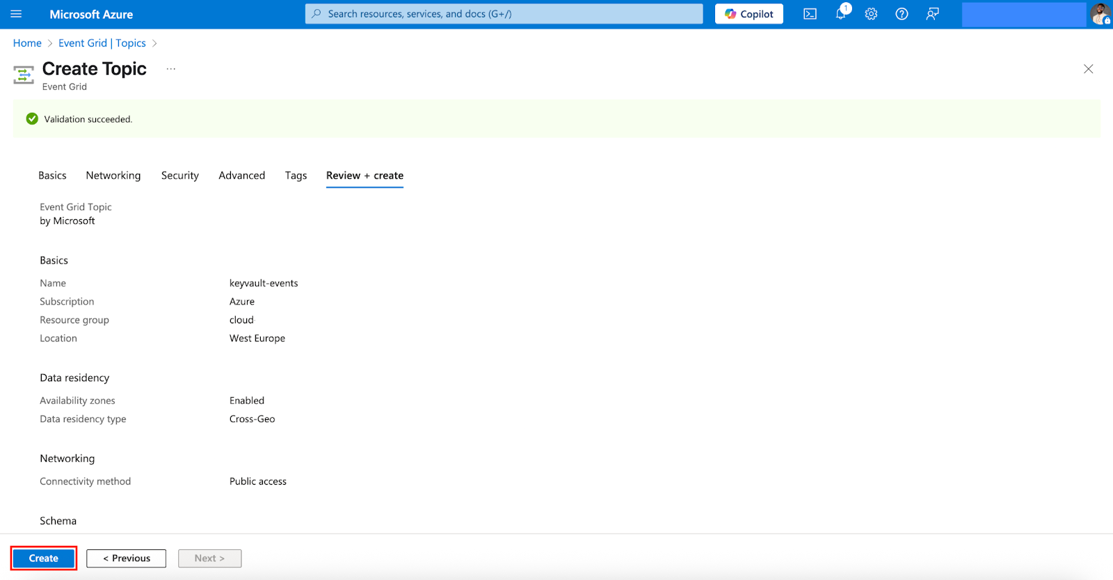 Screenshot showing the final steps of Event Grid Topic creation in Azure Portal. Networking, Security, Advanced, and Tags settings are left at default. The “Create” button is visible and ready to be clicked.