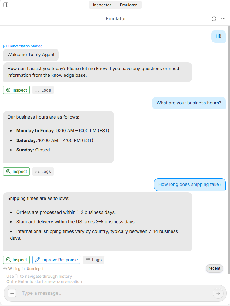 Emulador Botpress mostrando uma conversa em que um usuário pergunta sobre o horário de funcionamento e o bot responde com informações da base de conhecimento.