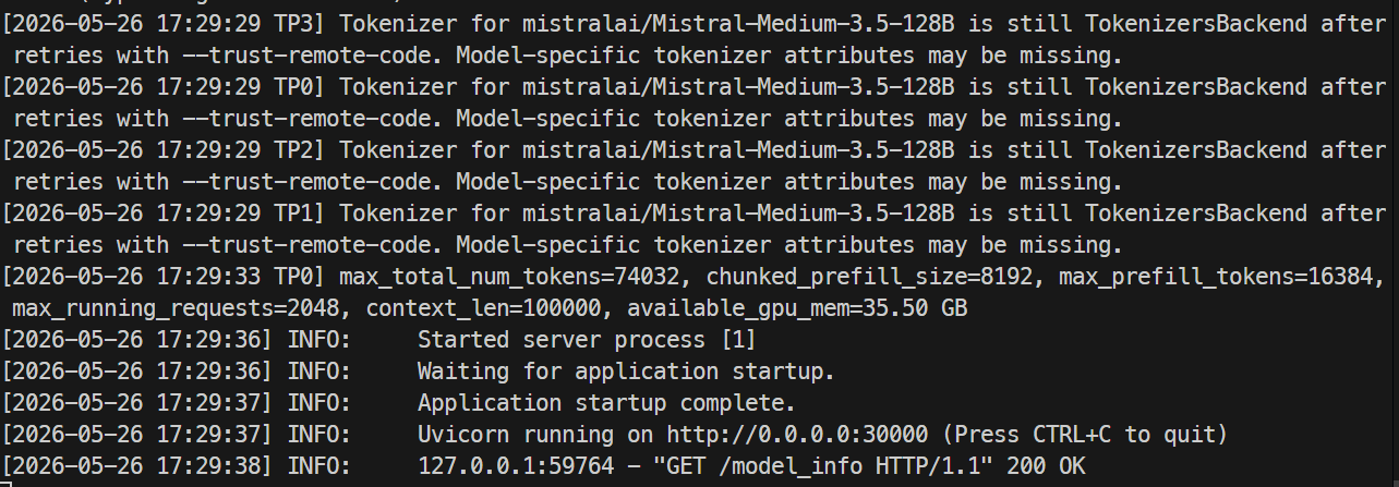 the SGLang server is ready to serve the Mistral Medium 3.5 128B model