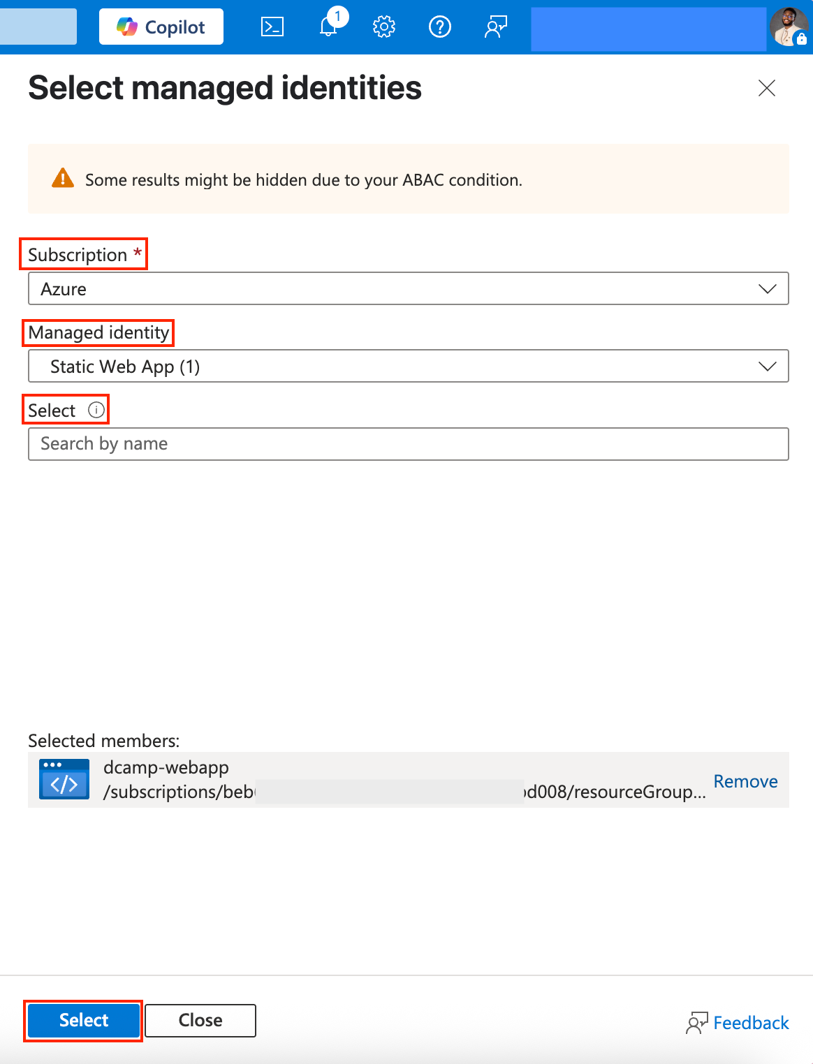 Screenshot of the Select Managed Identities tab in Azure. Subscription is selected, the managed identity type is set to App Service, and the specific App Service is chosen from the list. The “Select” button is visible.