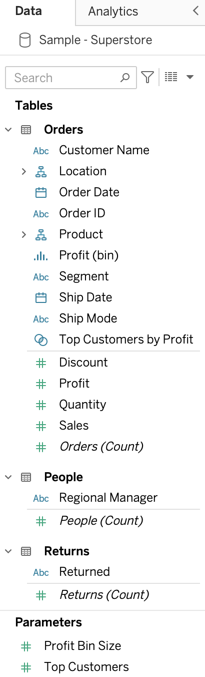 tableau superstore data pane