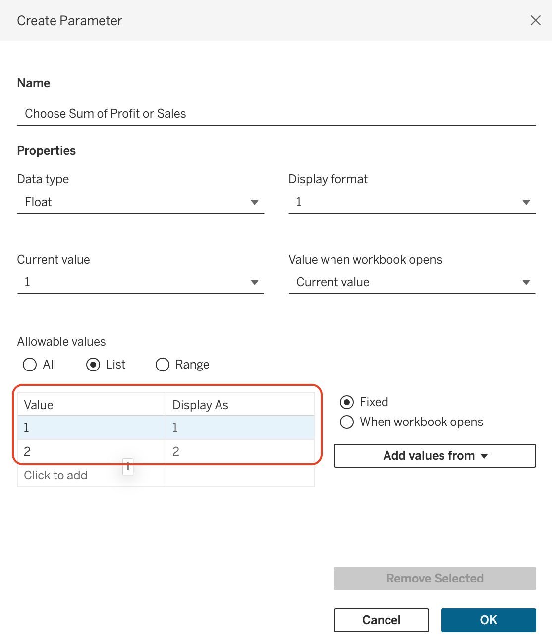 parameter list value