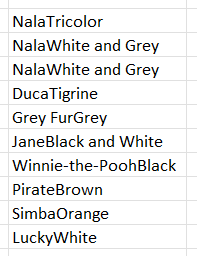Concatenating cat names and colors The result of the concatenation of the arrays with cat names and colors.