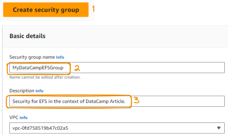 Creation of the security group - steps 1 to 3
