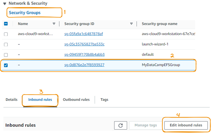 Inbound rule creation - step 1 to 4