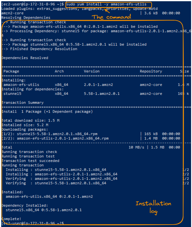 Installation of the amazon efs utils trace log