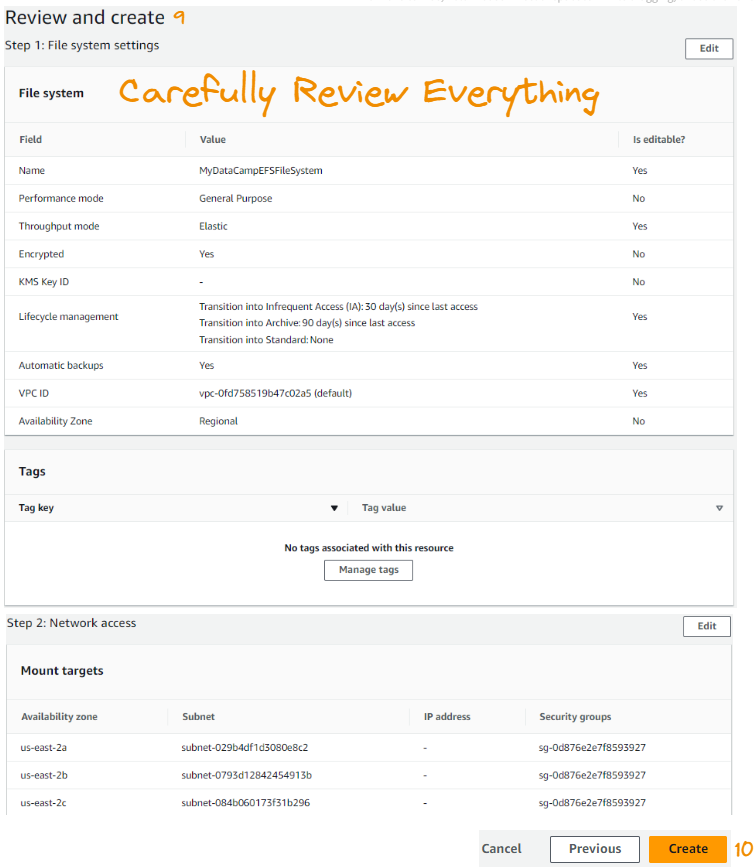Final step to create the EFS file system after review.
