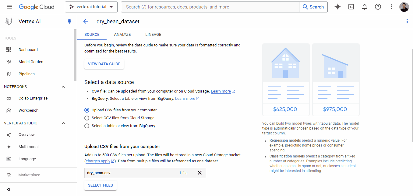A GIF that shows how to insert a local CSV into an existing cloud storage bucket