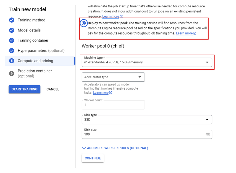 Compute and pricing pane of the custom training job form in Vertex AI