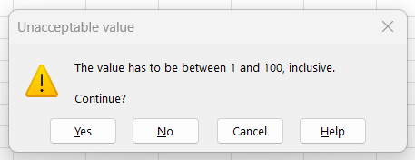 Getting an error message of the Warning style when entering an invalid value in Excel What an error message of the Warning style looks like when entering an invalid value in Excel.