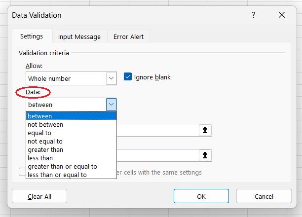 Selecting a logical condition to restrict the data range/length for data validation in Excel How to select a logical condition to restrict the data range/length for data validation in Excel.