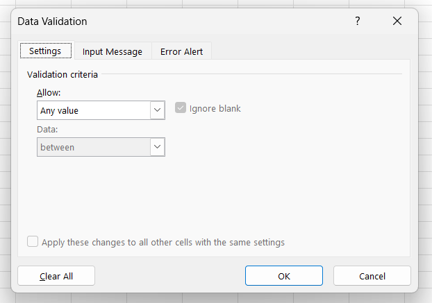 The Data Validation pop-up window in Excel What the Data Validation pop-up window in Excel looks like.