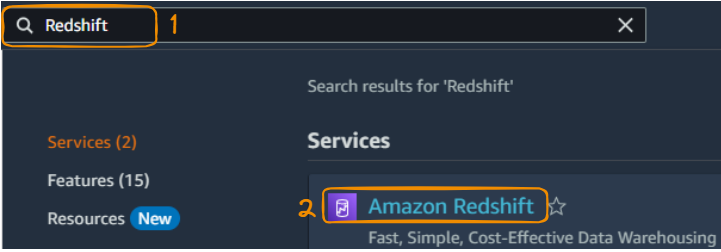 Search and select Redshift from Management Console
