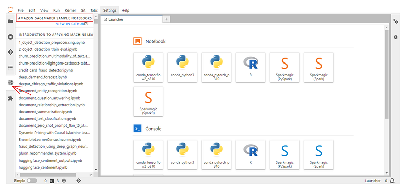 A list of pre-made notebooks offered by SageMaker to all users to learn more about the platform.